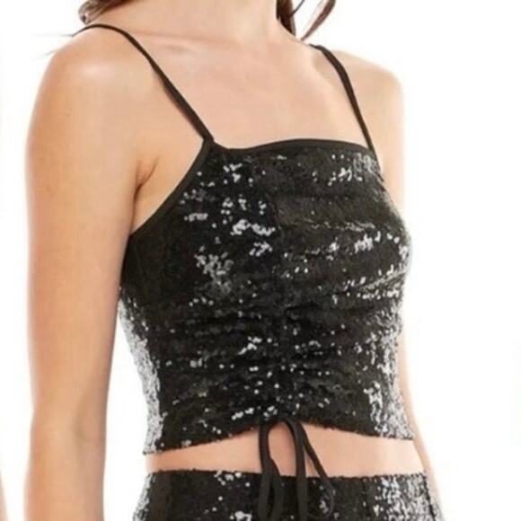 WAYF Black Sequin Crop Cami Top Size S Ruched Front Drawstring Tie NWT - Picture 1 of 12